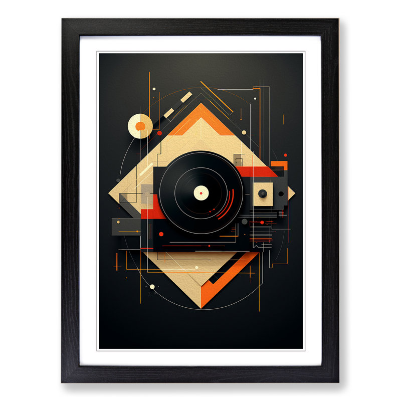 XYZ-FRM-V1223-1667 Vinyl Record Player Geometric No.2 - Single Picture Frame Print on Wood, Black, 64cm H x 46cm W x 2cm D