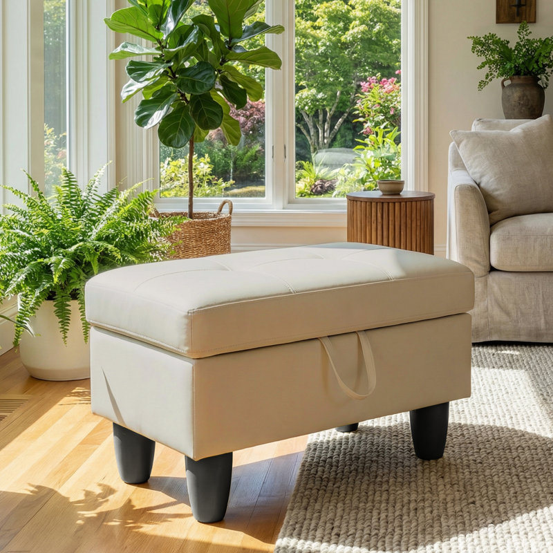 Rectangular Storage Ottoman Bench With Hinged Lid, Faux Leather Footrest For Living Room, Bedroom, Entryway, White, 28.5"X19"X17.5"
