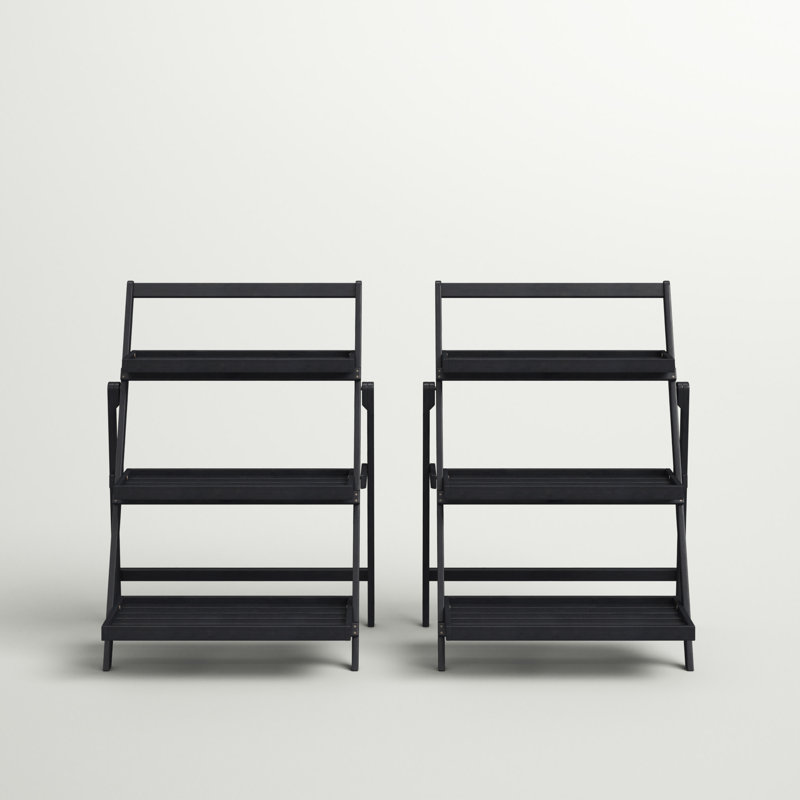 Set of 2 Dark Gray Acacia Wood Foldable Plant Stands