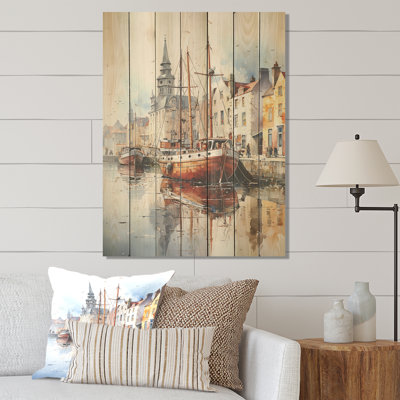 Bateau de pêche rouge et gris au port II - Bateau de pêche sur bois