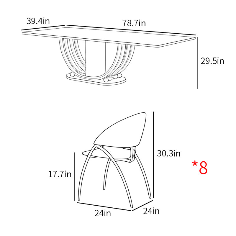 Ensemble de table de salle à manger moderne en pierre frittée, H 29,5 po x L 78,7 po x l 39,4 po