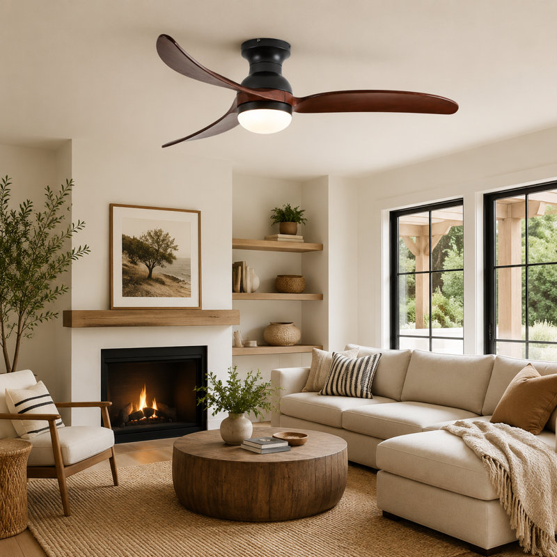 52" Modern Flush Mount Ceiling Fan with LED Light Kit, CCT Dimmable Light, Remote Control, Matte Black Finish with Dark Walnut Wood Blades