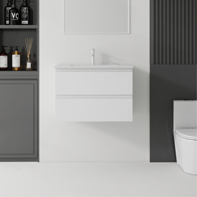 Meuble-lavabo suspendu de 91 cm (36 pouces) avec lavabo, tiroir à fermeture douce, lavabo en céramique et contreplaqué.