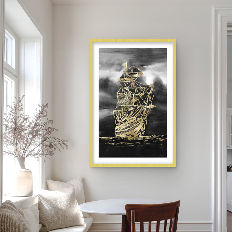Voilier, petit bateau, illustration dorée - impression côtière encadrée