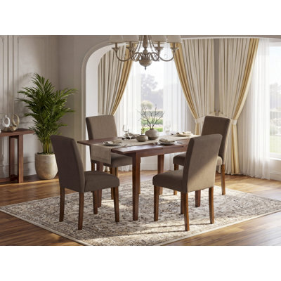 5 Piece Dining Table Set Includes a Rectangle Wooden Table with Butterfly Leaf and 4 Coffee Linen Fabric Parson Chairs, Mahogany