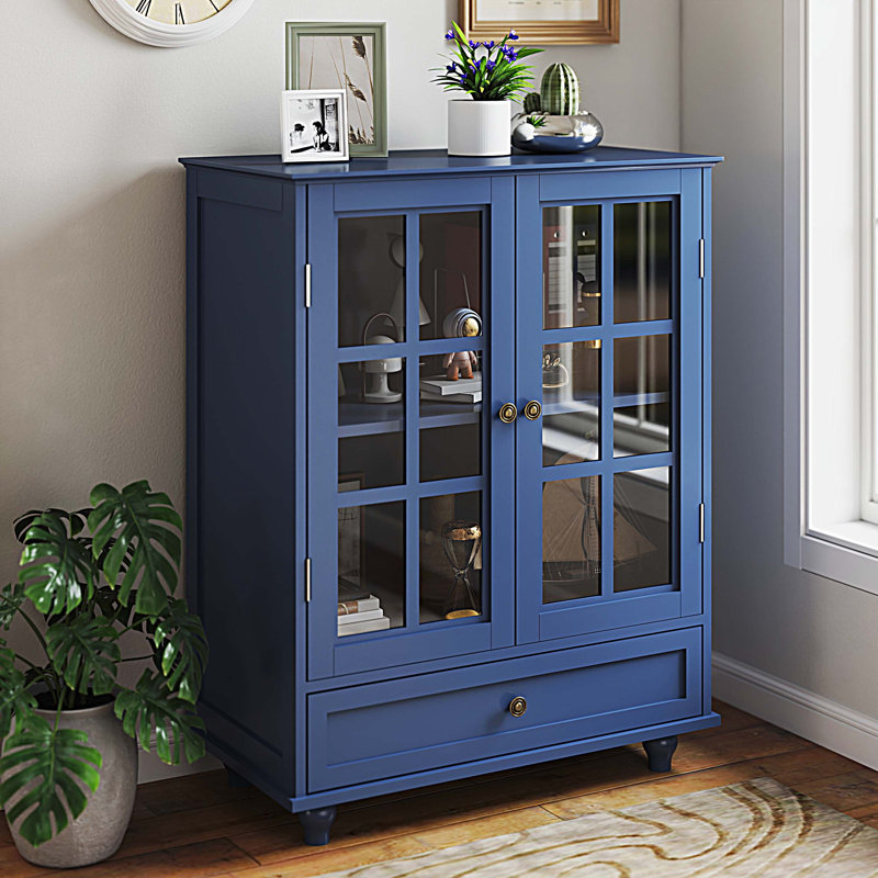 Modern Wooden Storage Sideboard Cupboard, Buffet Cabinet with Double Glass Doors and Drawer, Blue