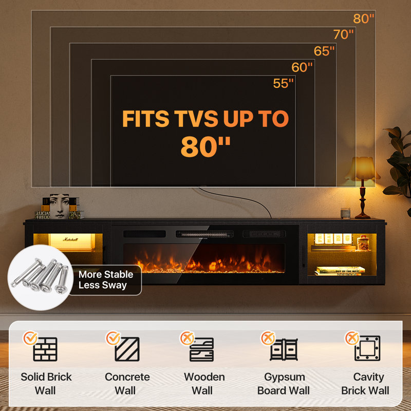 70'' Floating Fireplace Tv Stand With 36" Electric Fireplace, Led Light Entertainment Center With Storage, Wall Mounted Media Tv Console With Glass Door For Living Room