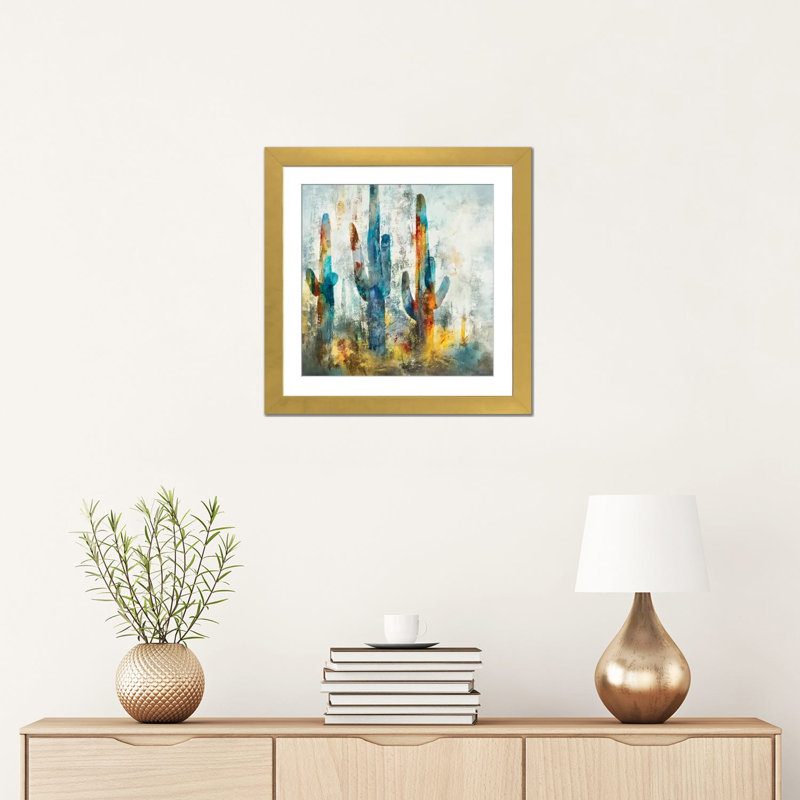 «Saguaro Forest» encadré par Scott Brems, H 16 po x l 16 po x P 1 po, Papier avec cadre doré, Oui