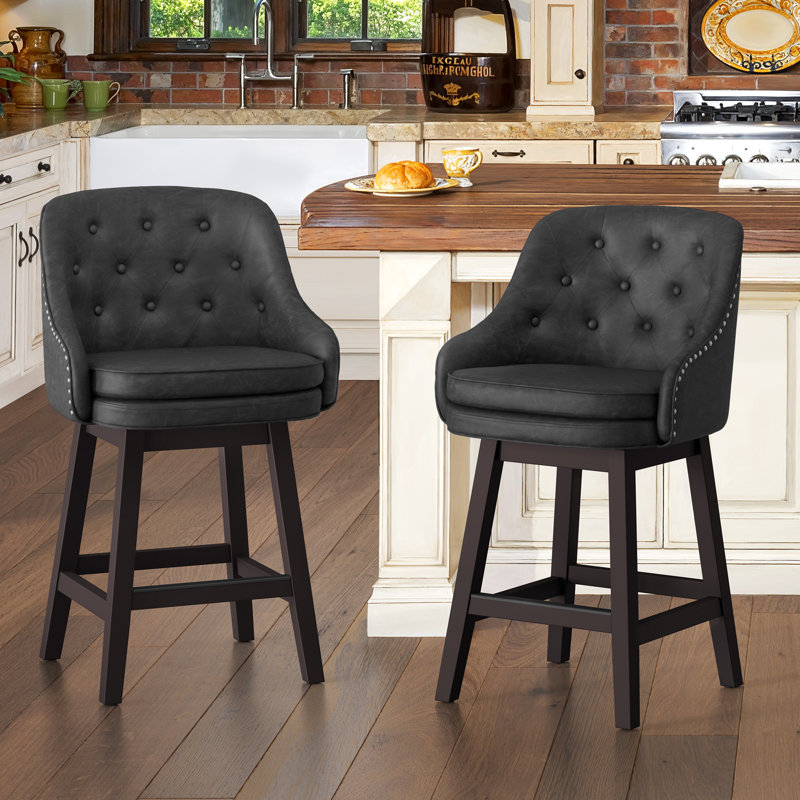 Chela Upholstered Button-Tufted Barstool with Solid Wood Frame, Dappled Black Seat/Espresso Frame