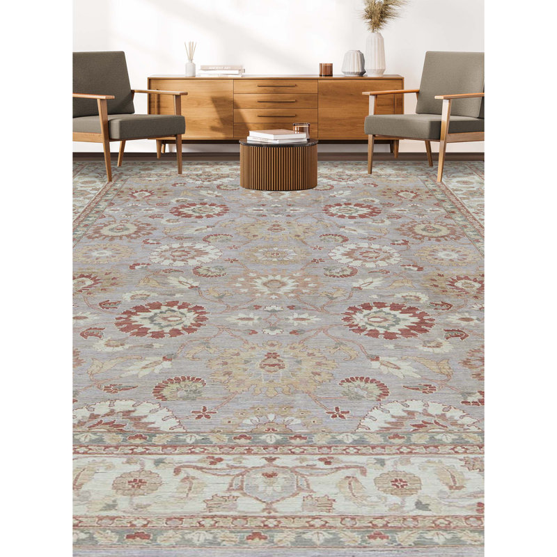 Tapis bleu clair / beige noué à la main de haute qualité