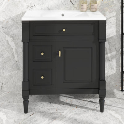 Meuble-lavabo de 30 po avec lavabo, petit meuble-lavabo simple avec 2 tiroirs, tiroir rabattable, tablette de porte, tablette réglable