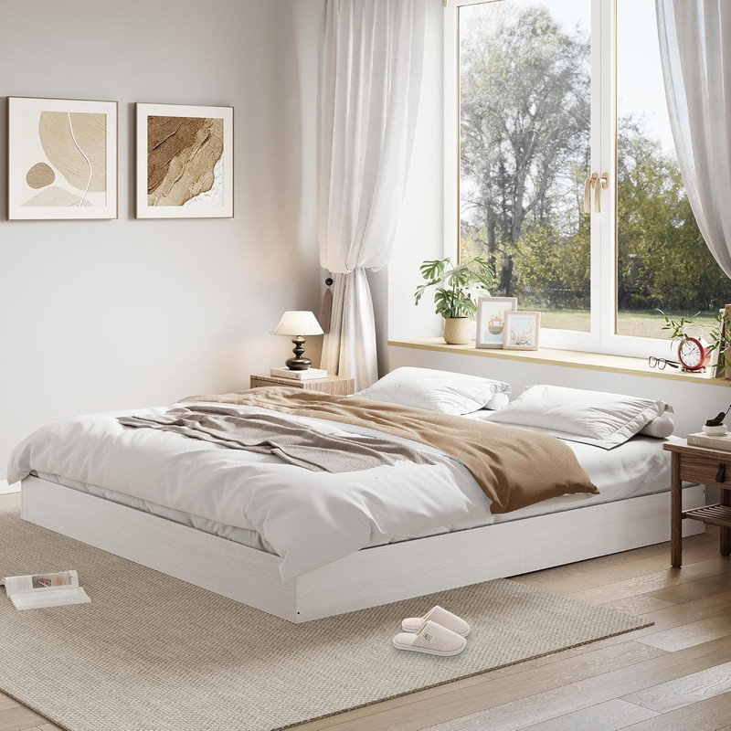 Structure de lit plateforme, support de lattes en bois, aucun sommier requis, assemblage facile et style moderne, Blanc