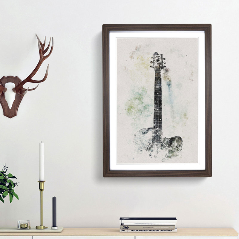 Acoustic Guitar Watercolour - Picture Frame Graphic Art, Walnut Framed, 87cm H x 62cm W x 2cm D
