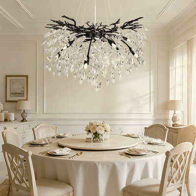 32" Branch Crystal Chandelier, 10-Light Modern Tree-Branch Ceiling Light with Adjustable Hanging Cables for Dining Room Living Room