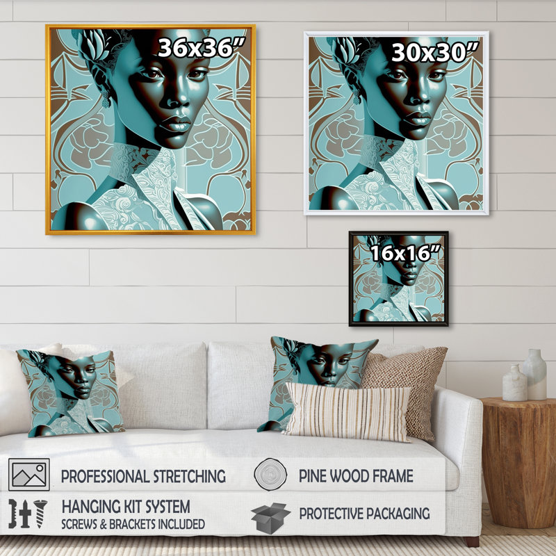 Magnifique rétro modèle afro-américain - impression sur toile, H 16 po x l 16 po x P 1 po, Cadre flottant doré