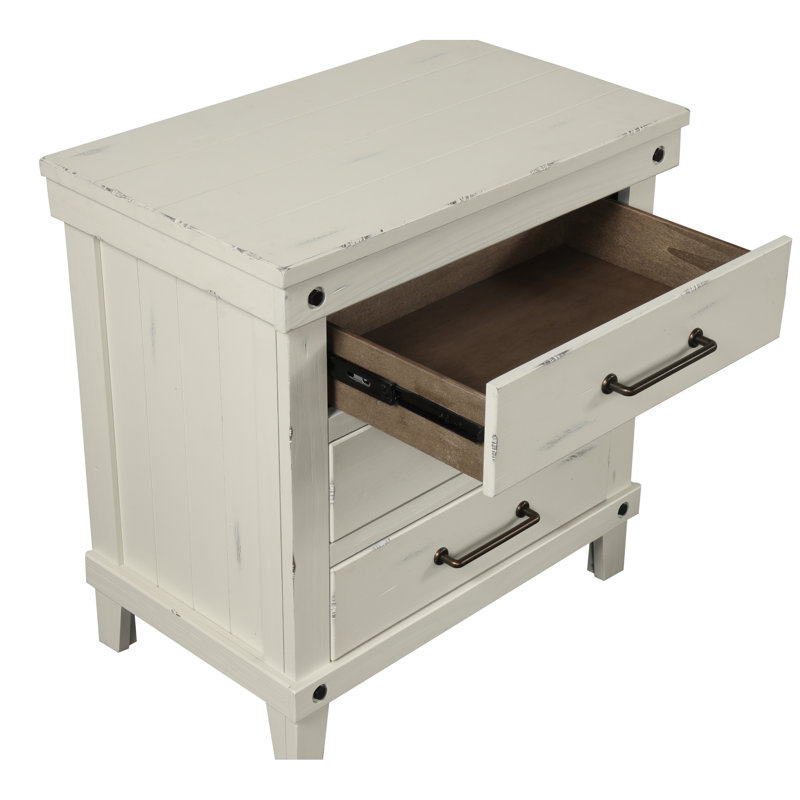 Table de chevet 3 en blanc, fabriquée en bois massif et dotée de 3 poignées de rangement pour la longévité