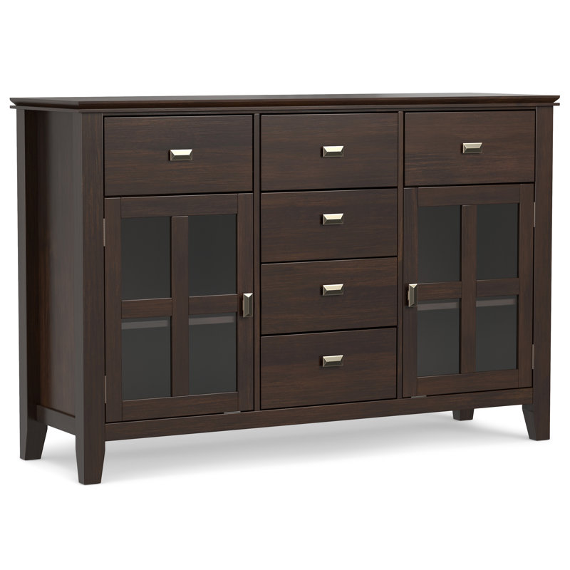 Artisan 54"W Solid Wood Sideboard Buffet with Tempered Glass Doors and 6 Drawers, Dark Chestnut Brown