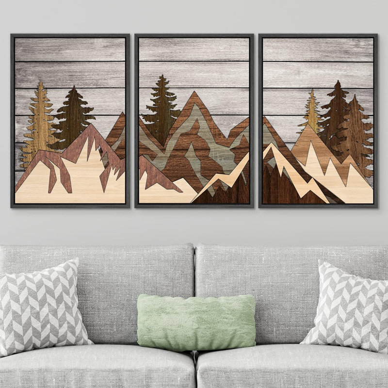 Western Wood Effect Landscape " Wood Panel Mountain Range Forest " 3 - Pieces, 36" H x 72" W x 1.5" D, Black