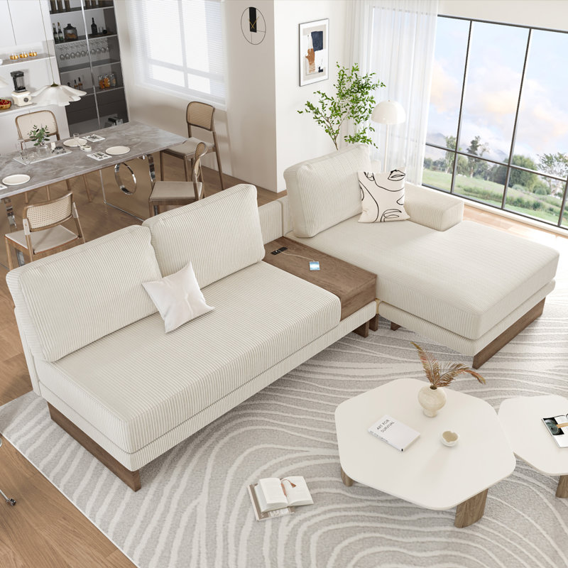 Canapé modulaire 3 pièces rembourré, Velours côtelé beige