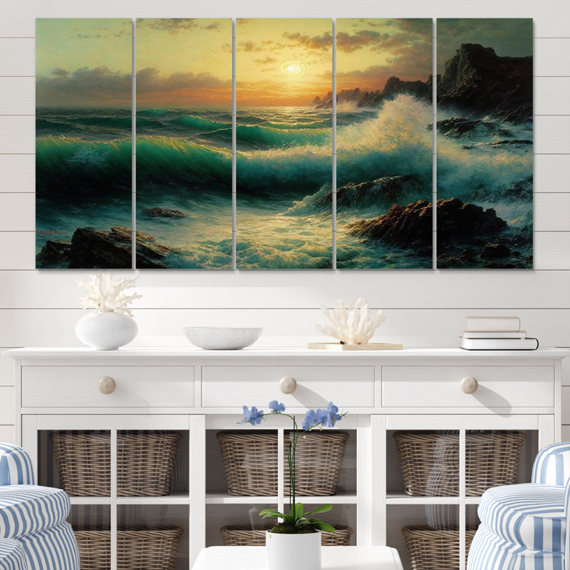 Océan sauvage avec Breaking Waves Hour II - décoration murale vagues côtières - 5 panneaux égaux