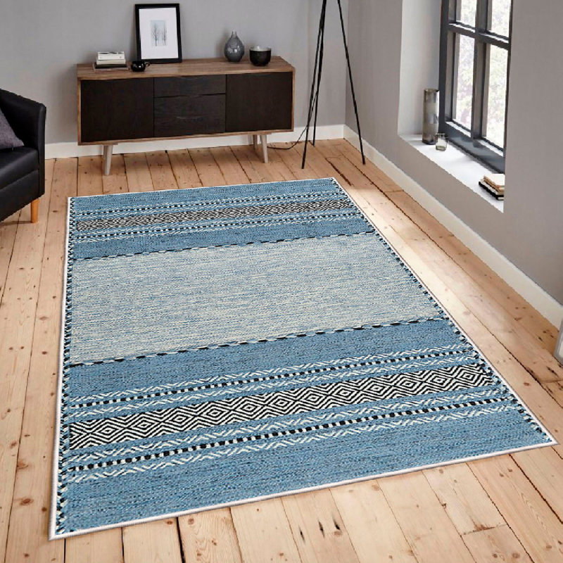 Wencil Premium Cotton Area Rug, 5.2 x 7.5 Feet, Cream & Blue with Black Accents | 100% Cotton, 1200 g/m², 0.3 in Pile Height | Antibacterial, Non-Slip PVC Underside, Machine Washable | Perfect for Living Room & Bedroom Décor