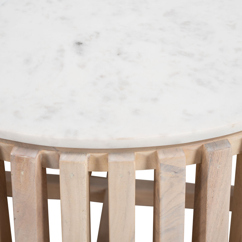 Round White Marble Top Coffee Table with Natural Wood Base