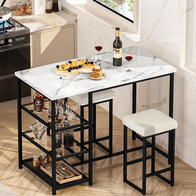 Dining Table Set for 2, Kitchen Island Bar Table Set with Storage, Faux Marble Table and 2 Stools