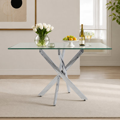 Rectangular Glass Dining Table With Silver Legs, Modern And Stylish For Home Kitchen And Dining Room