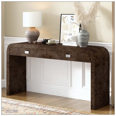 Burl Veneer Wooden Console Table 2 Drawers Metal Handles Sturdy Legs