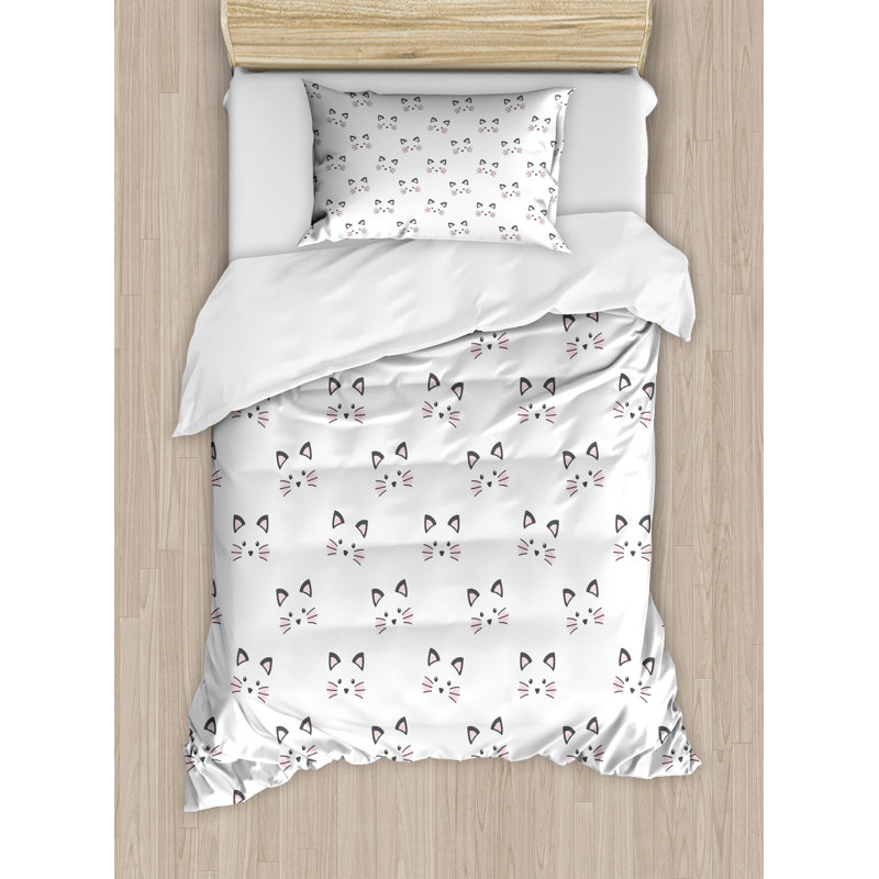 Twin White and Gray Cat Face Duvet Cover Set