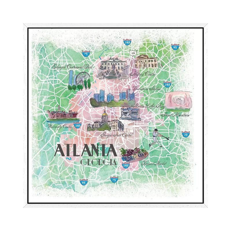 Atlanta Georgia USA Illustrated Map by Markus & Martina Bleichner - Painting on Canvas, 93.98cm H x 93.98cm W x 3.81cm D