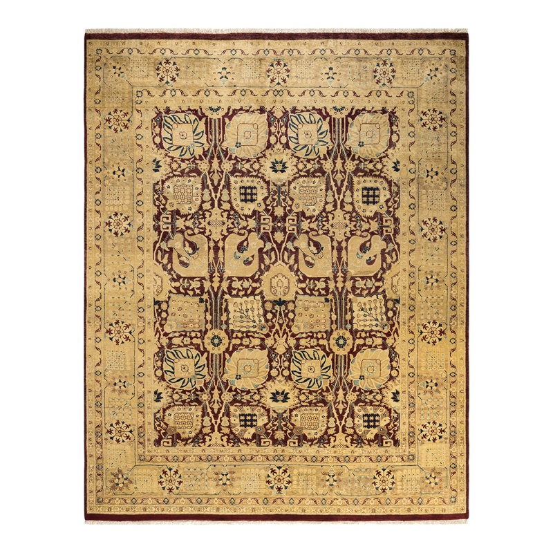 Tapis rouge / sable noué à la main de conception unique 7 pi 10 po x 9 pi 10 po Roscigno