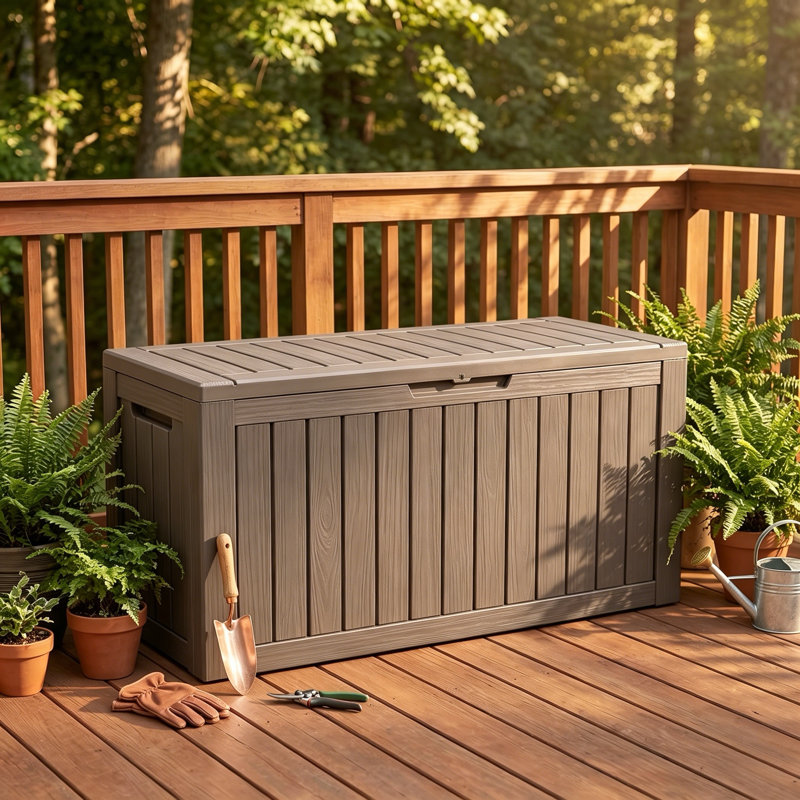 90 Gallon Brown Resin Deck Box, Lockable Waterproof Outdoor Patio Storage Box For Furniture And Garden Tools, Brown