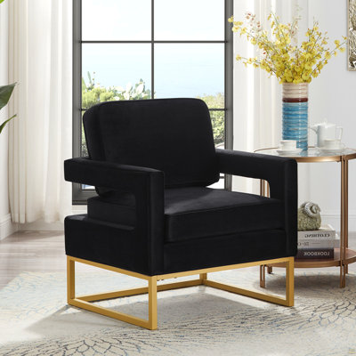 Chaise d'appoint de style moderne avec base en métal doré, fauteuil de loisir rembourré en velours avec accoudoirs ouverts, fauteuil, noir