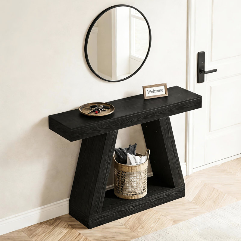 Console rustique en bois noir de 140 cm avec rangement, idéale pour les entrées et les salons, construction robuste en bois massif, solide et fonctionnelle.