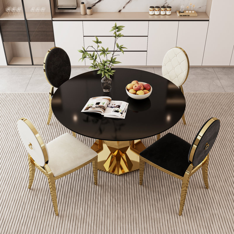 Ensemble de table de salle à manger rectangulaire en verre trempé avec chaise capitonnée Luxtury, Doré