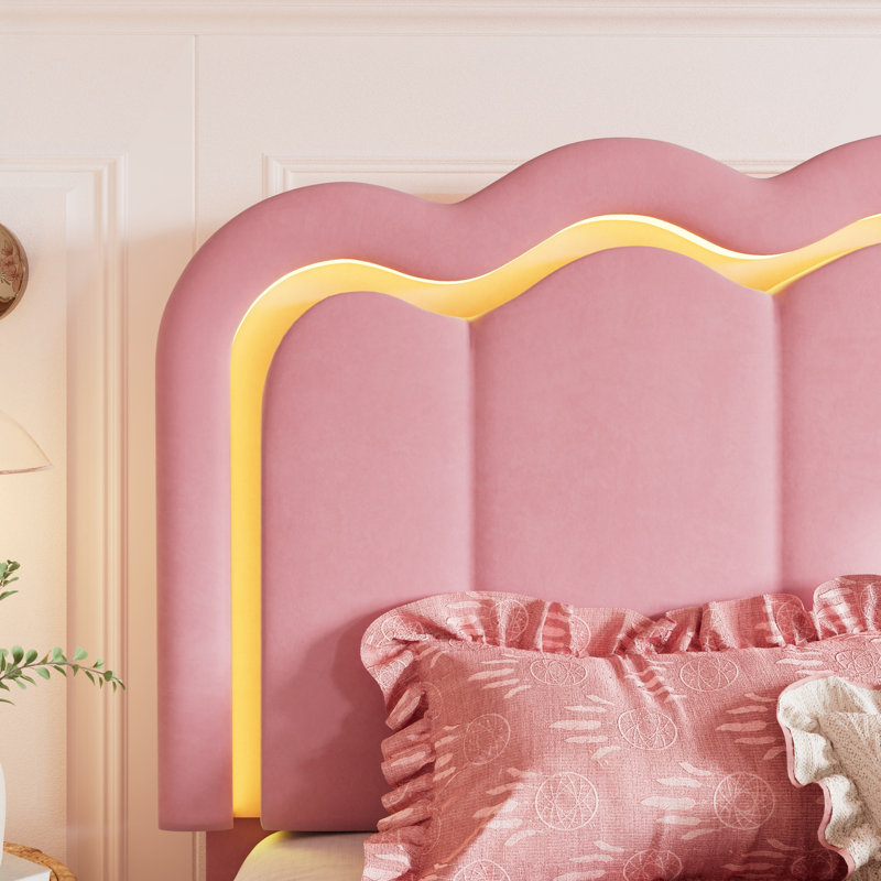 LED Velvet Upholstered Platform Storage Bed Frame With Drawer And Adjustable Headboard, Pink, Queen
