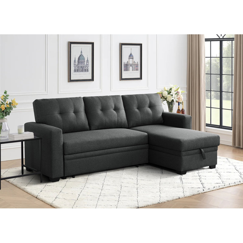 3-Piece Pull-Out Sofa Bed With Reversible Storage Chaise, Dark Gray