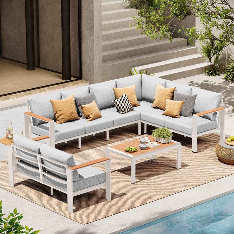 Ensemble de canapé modulaire en forme de L 3 pièces en aluminium avec causeuse, table basse et coussins