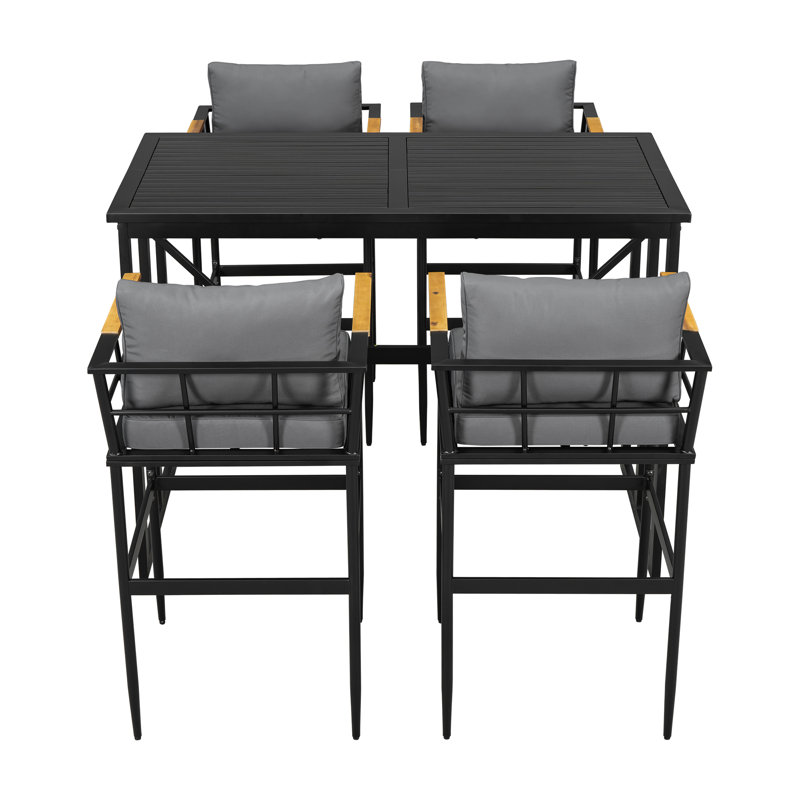 Ensemble repas en fer avec accoudoirs en bois d'acacia convenant à la terrasse, au balcon ou à la cour arrière, Gris