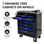 Chariot à outils mobile à 7 tiroirs (noir + bleu), chariot à outils multifonctionnel avec roues verrouillables, tiroirs à roulement à billes et conception connectable