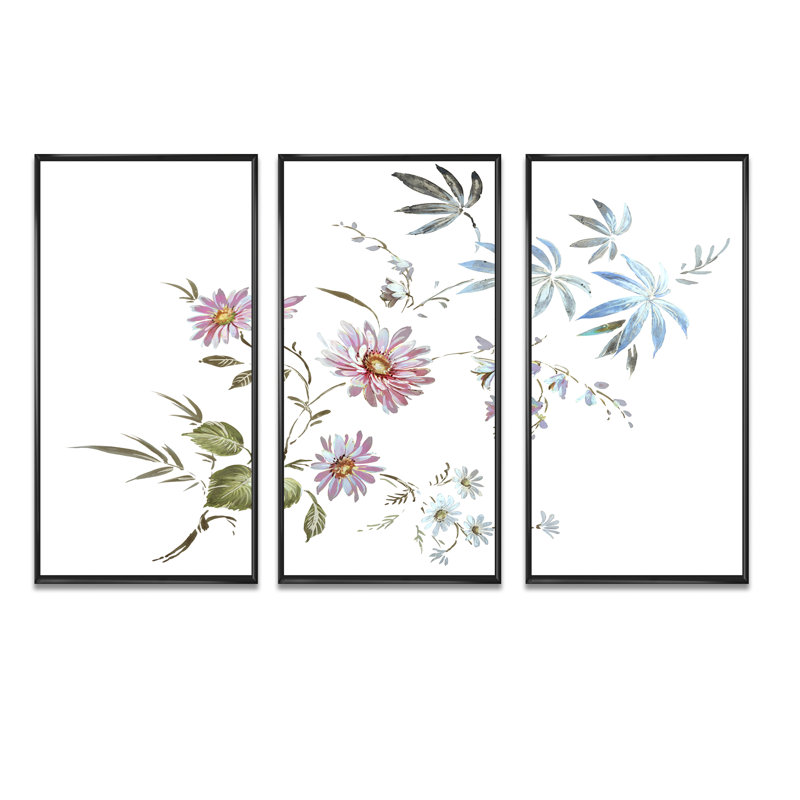 «Blue and Pink Wildflowers I», ensemble d'art mural sur toile encadré traditionnel de 3, Noir, H 28 po x l 36 po x P 1 po