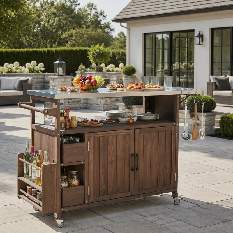 Chariot de cuisine d'extérieur roulant de style ferme de 54,33 pouces avec cadre en bois massif, plateau en acier inoxydable, porte-épices, porte-serviettes et roues verrouillables