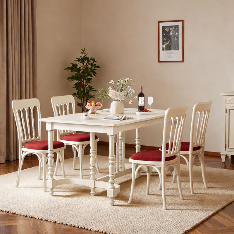 Ensemble de table de salle à manger classique en bois massif de style crémeux, 30,7 po H x 55,11 po L x 30,7 po l, 7, Rouge