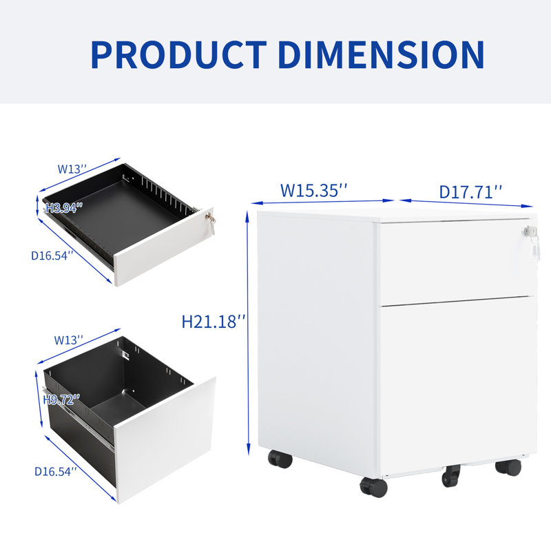 2 Drawer Mobile File Cabinet, Lockable, Steel, White, Organizes Legal/letter/a4/f4 Size Contents For Home/office Suits Storage Requirements In Office