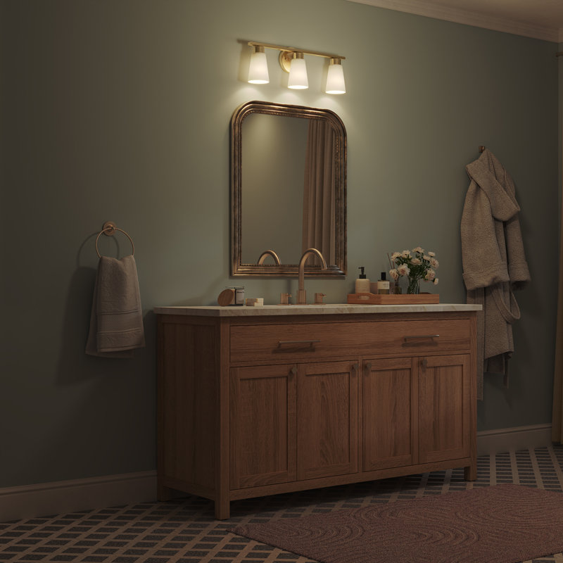 Éclairage pour salle de bain à 3 lumières 22,25 pouces avec verre satiné gravé Stamos, Satin Etched, Brushed Gold, 3