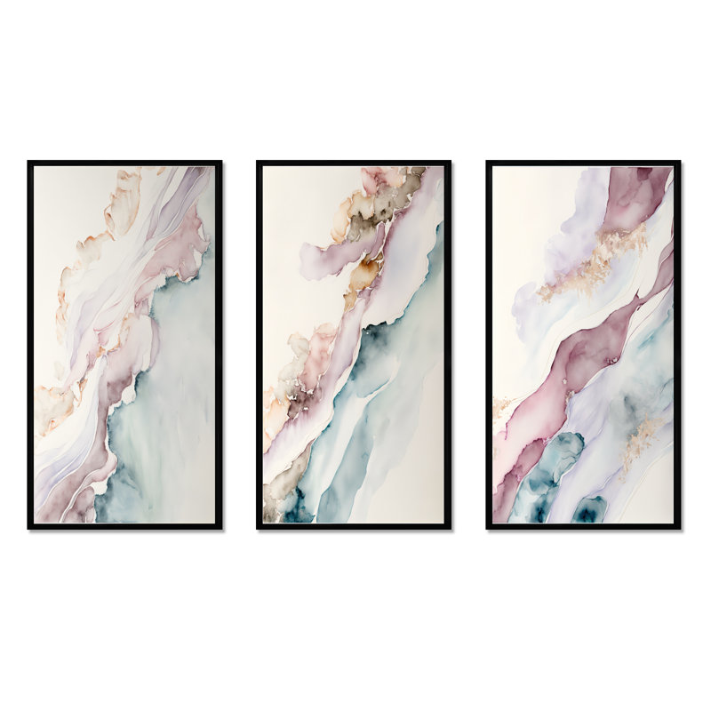 «Mystery Of The Waves In Elevated Blush», 3 pièces sur toile, Cadre flottant noir, H 28 po x l 36 po