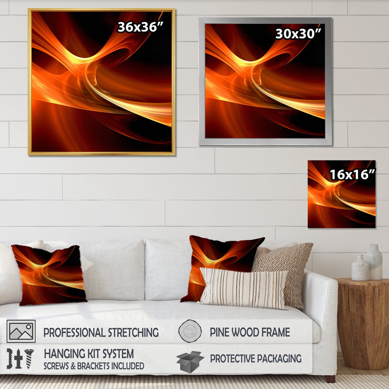 Dessin abstrait orange fractal chaleureux, Cadre flottant doré, H 44 po x l 34 po x P 1,5 po