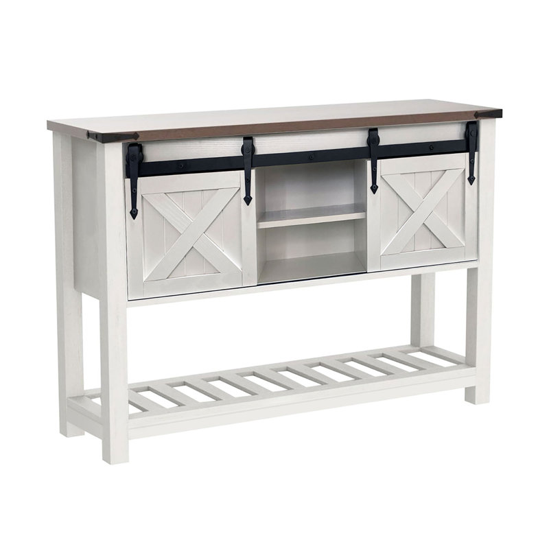 Zev Farmhouse Console Table with Sliding Barn Door and Adjustable Shelf, White