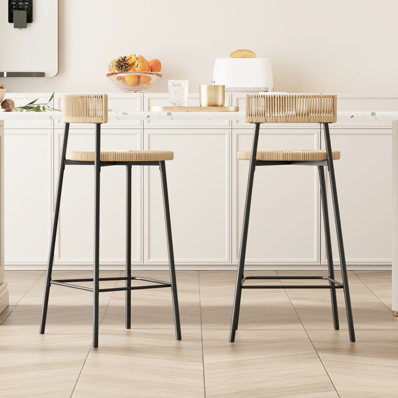 De 2 tabourets de bar tissés à la main, siège en corde de papier et structure en métal noir, ton miel, repose-pieds, pour la cuisine et la salle à manger